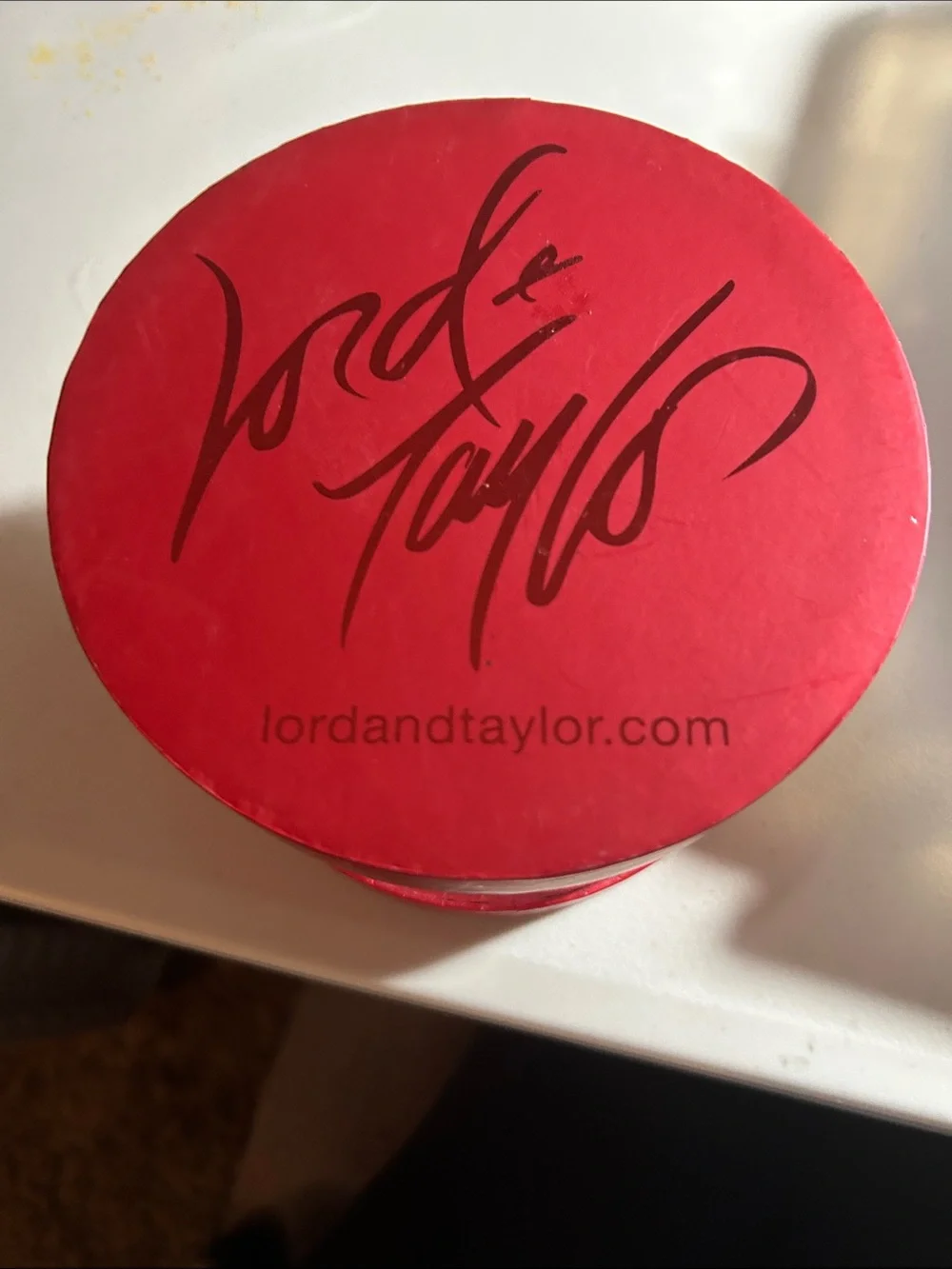 Lord & Taylor Red Round Decorative Box with Script Logo